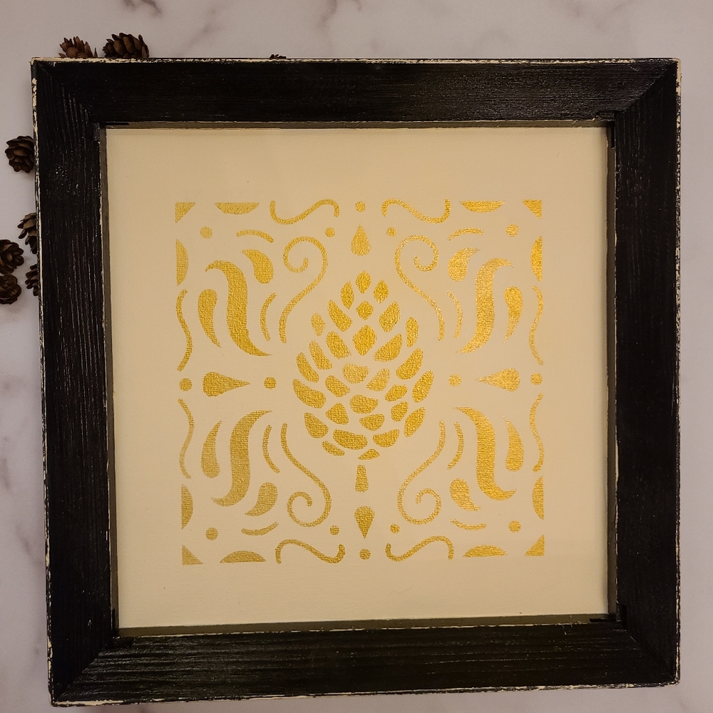 Hand stenciled framed art. Gold acrylic paint on white canvas.